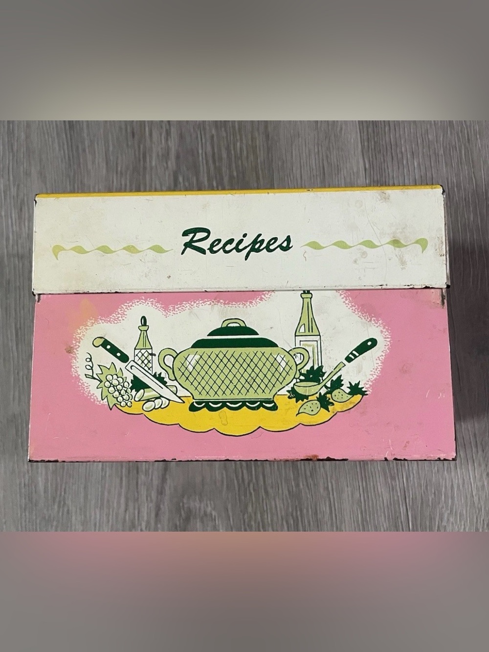 Vintage Ohio Art Metal Recipe Box Pink Yellow MCM Kitchen Tin Handwritten Recipe